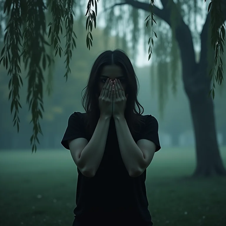 Figura sombria expressando emoções sob salgueiro