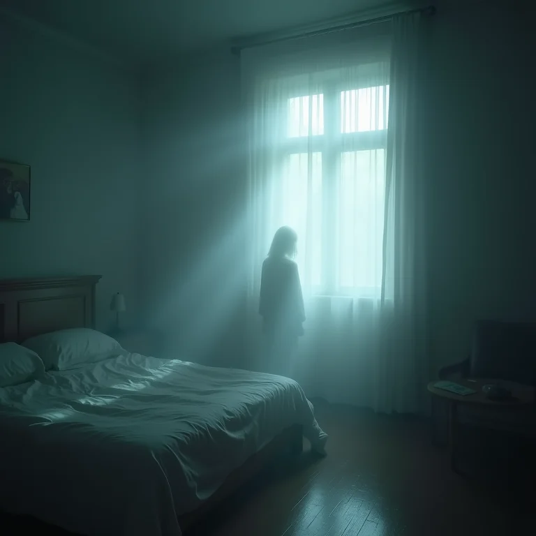 Figura translúcida em um quarto escuro, simbolizando presença espiritual