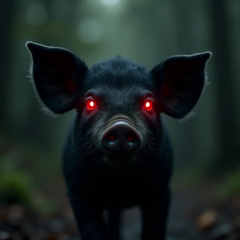 Filhote de porco preto com olhos vermelhos, representando um medo que parece inofensivo, mas é perturbador.