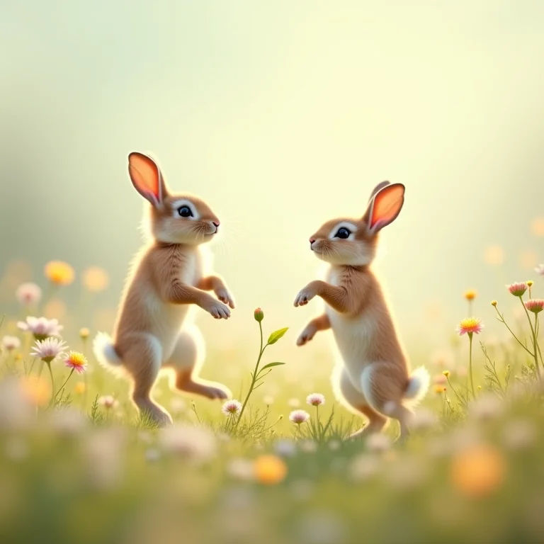 Filhotes de coelho pulando entre flores silvestres, simbolizando fertilidade e criatividade.