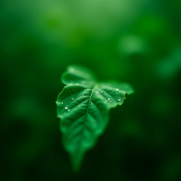 Folhas murchas com gotas de água sob luz verde, representando preocupação com a saúde em sonhos.