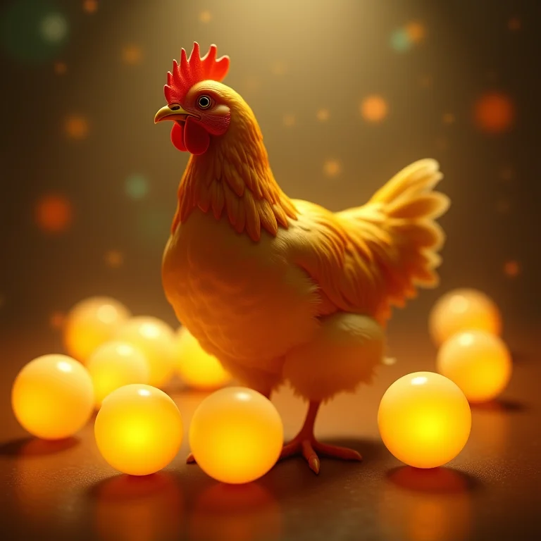 Galinha dourada cercada por orbes luminosas, simbolizando proteção.