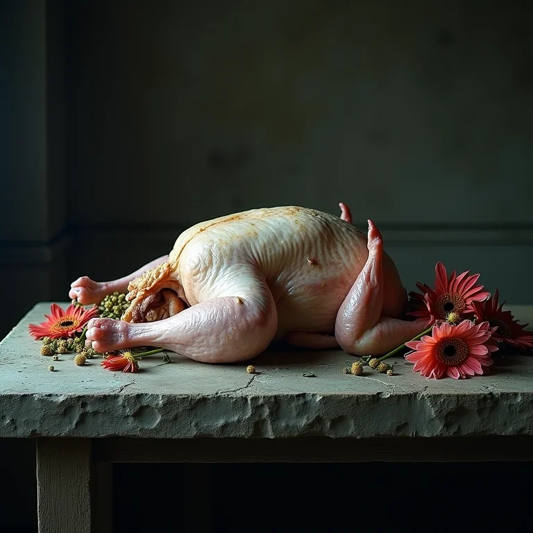 Galinha morta e depenada em pedra fria, simbolizando fim.