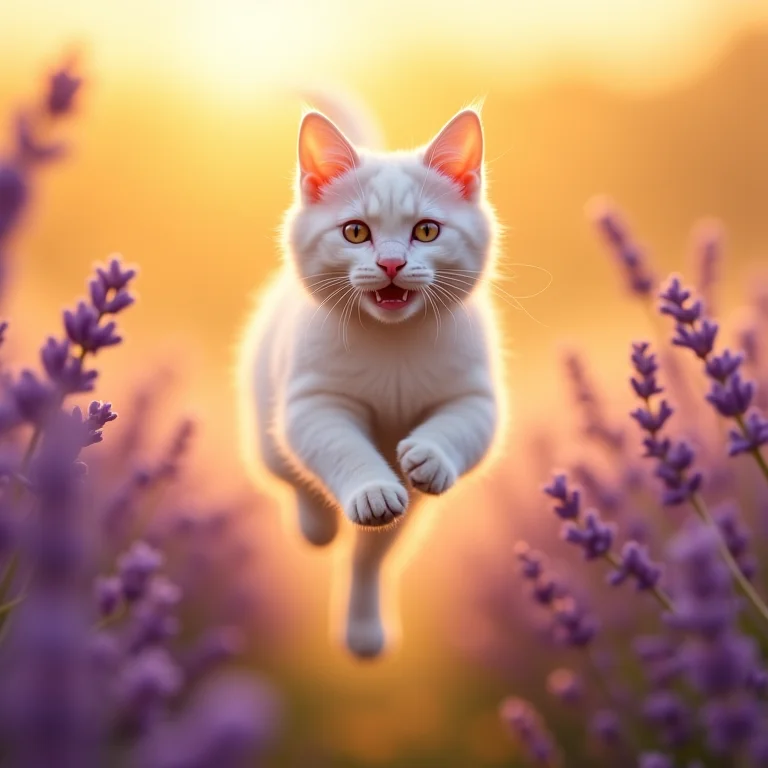 Gato branco pulando em campo de lavanda, representando paz e harmonia.
