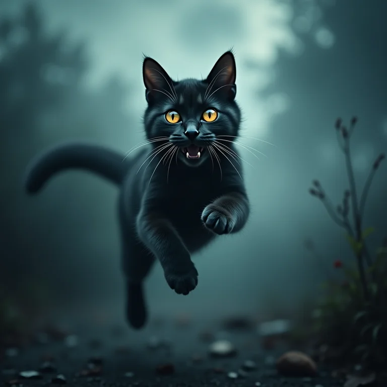 Gato pulando assustado com tempestade refletida nos olhos, representando medo e insegurança.