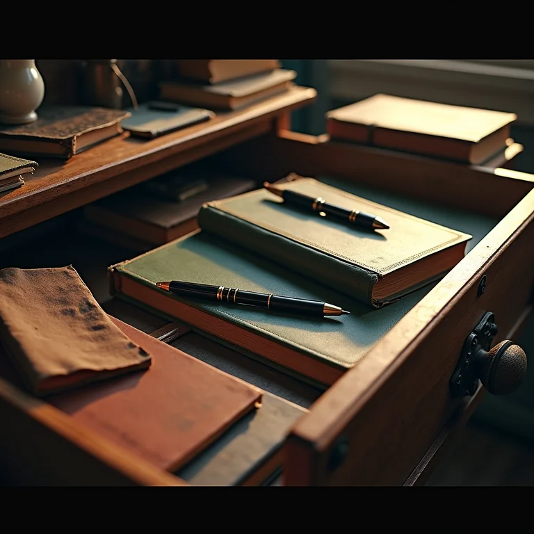 Gaveta cheia de diários transbordando segredos.