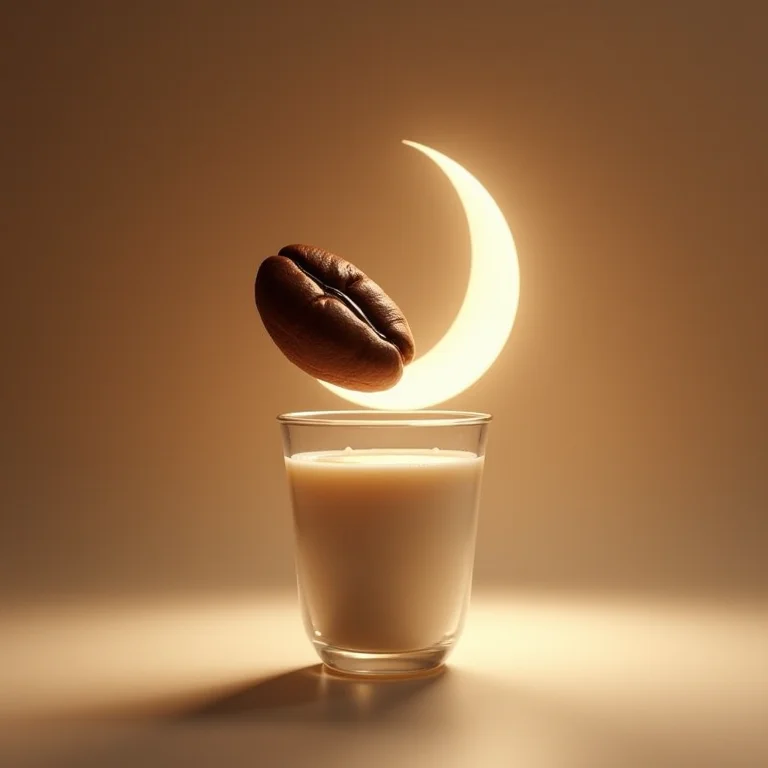 Grão de café se transformando em lua crescente, dissolvendo no leite morno