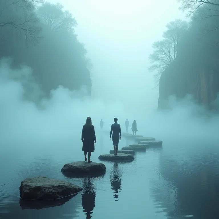 Grupo atravessando rio em pedras, representando superação de obstáculos e transição para uma nova fase.
