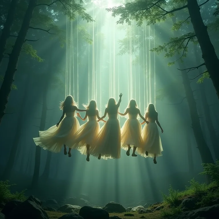 Grupo voando em vassouras conectado por luz, simbolizando união e apoio.