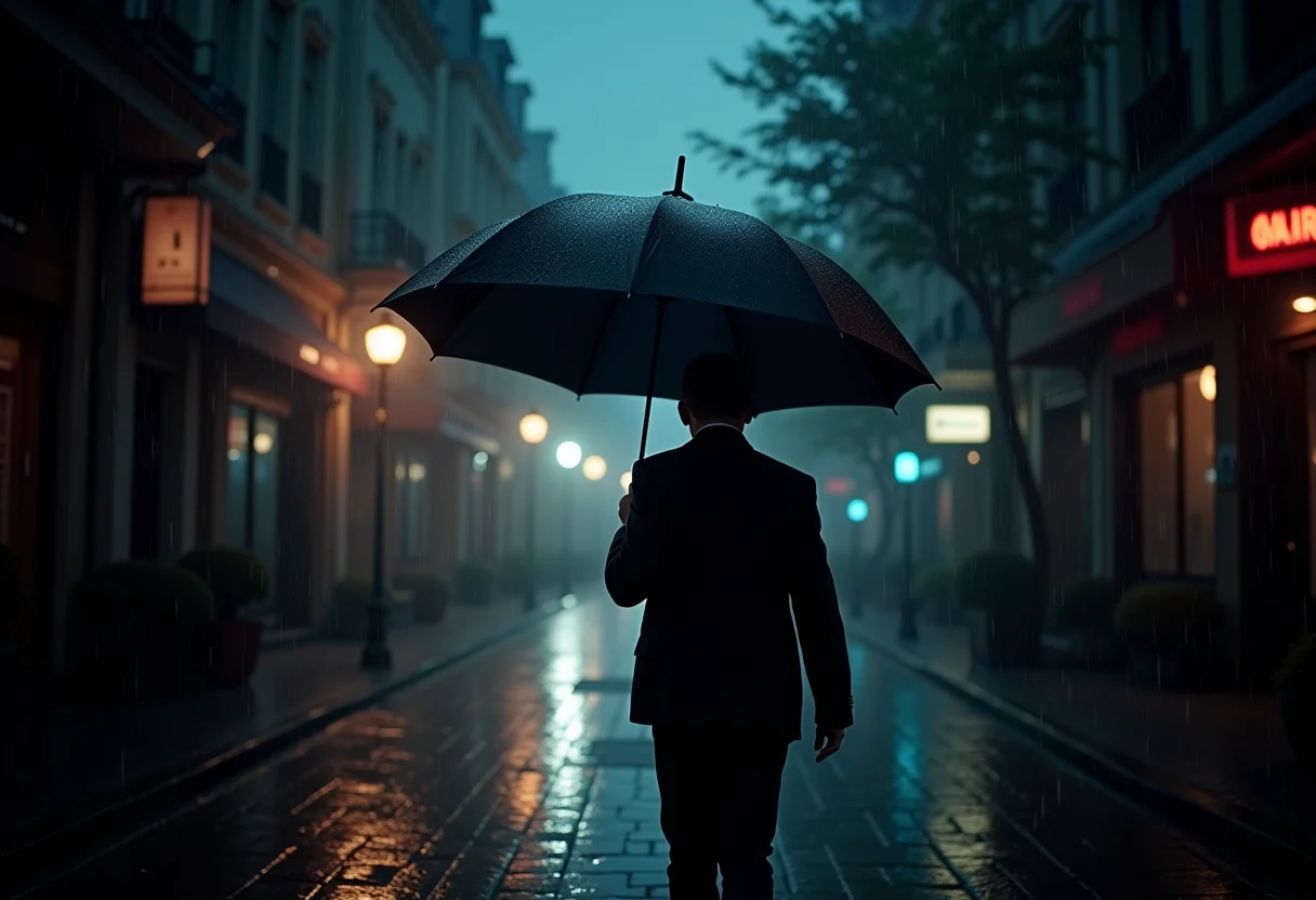 Guarda-chuva preto em cena onírica: prepare-se para o inesperado.
