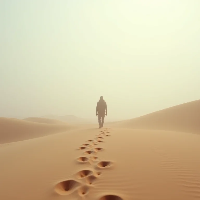 Homem caminhando sozinho no deserto, representando solidão e isolamento.