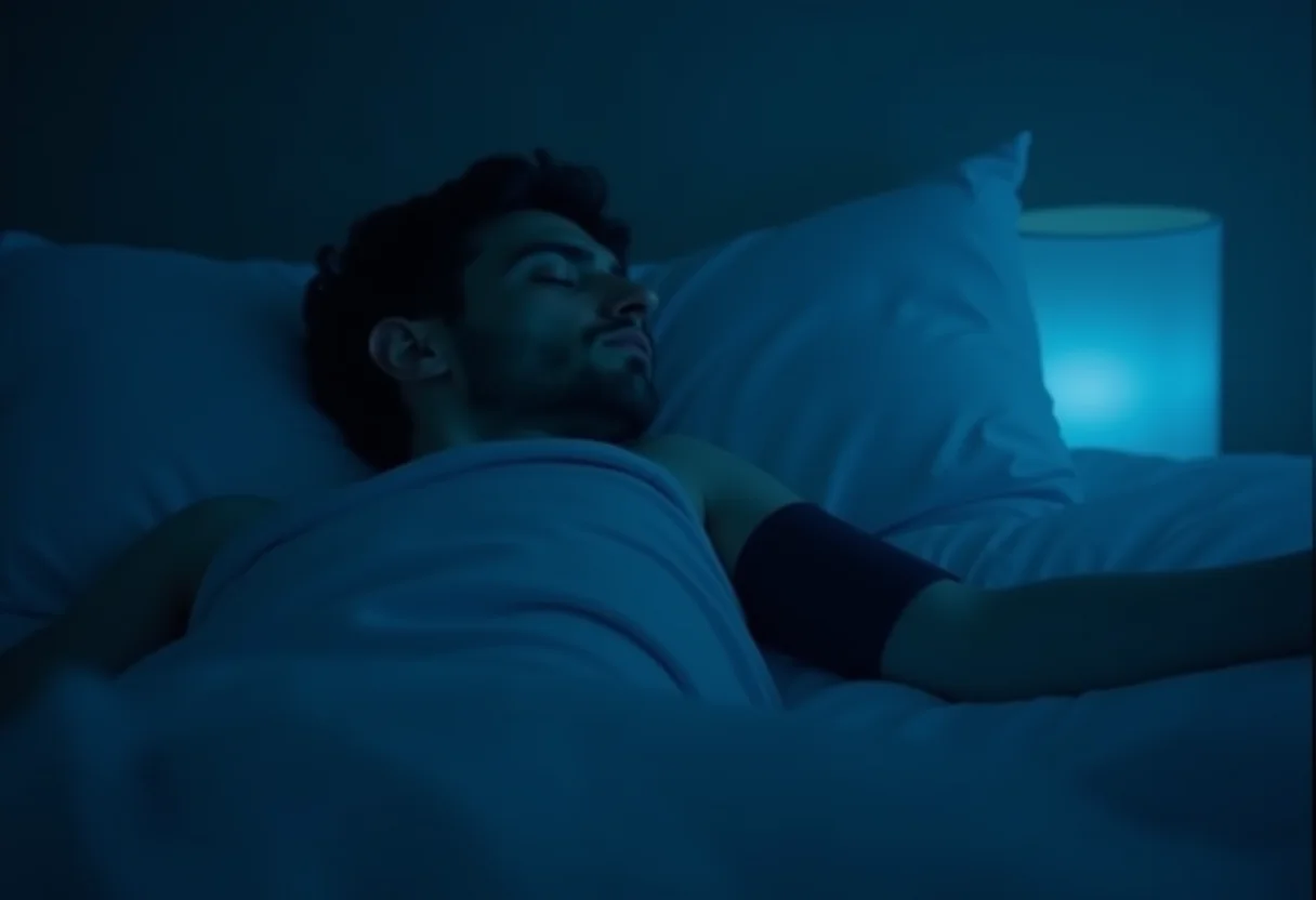 Homem dormindo com aparelho de pressão no braço, simbolizando a ligação entre sono e pressão alta.