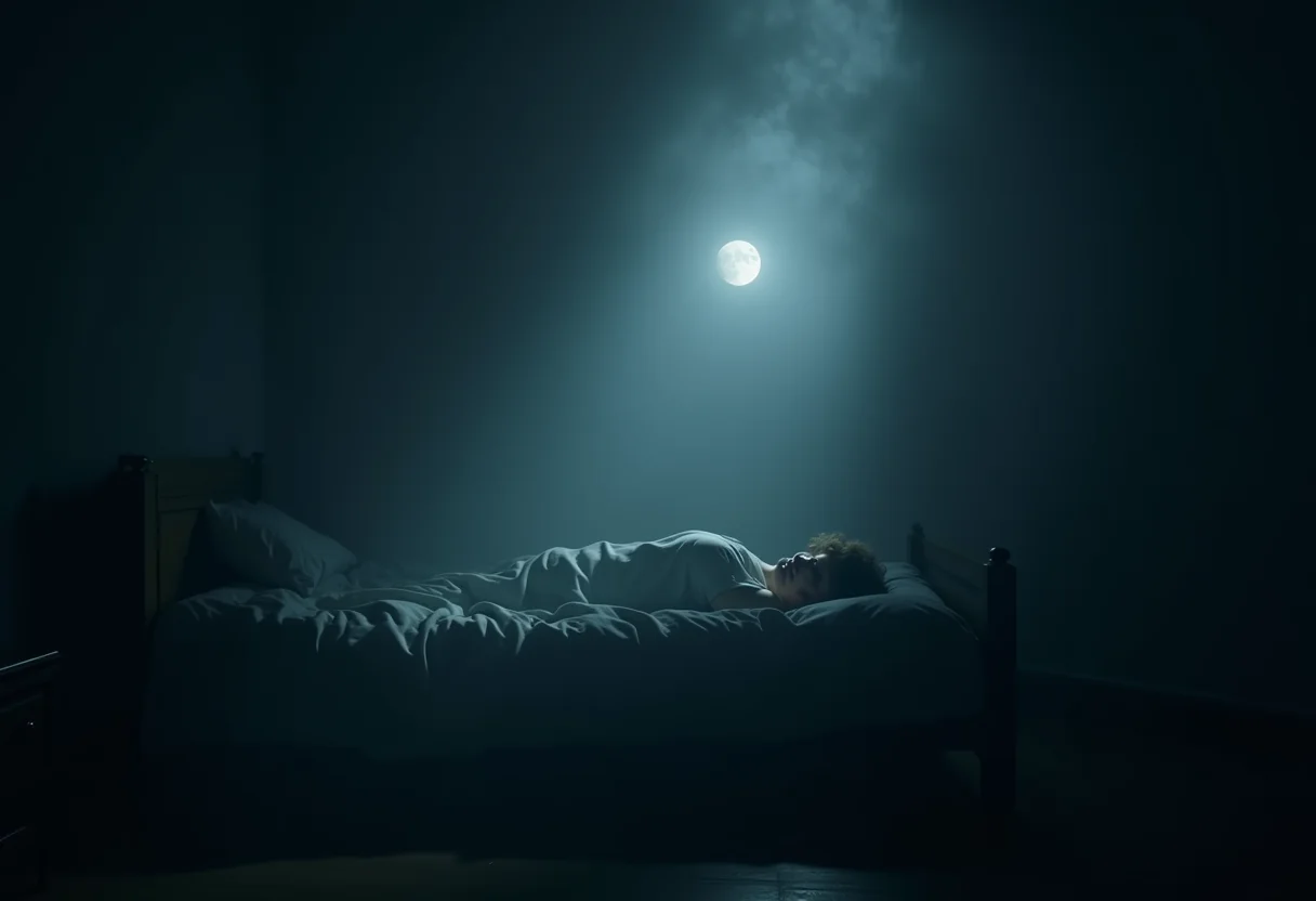 Homem dormindo com sussurros espectrais ao redor, representando o ato de falar dormindo.