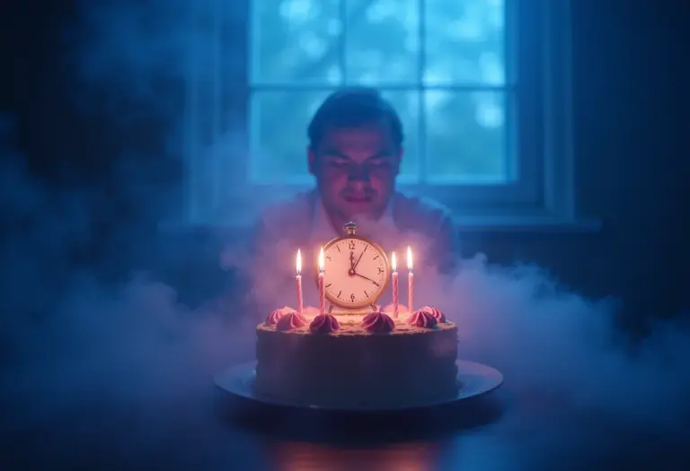 Imagem conceitual de um bolo de aniversário com elementos oníricos, representando a passagem do tempo e autoconhecimento.