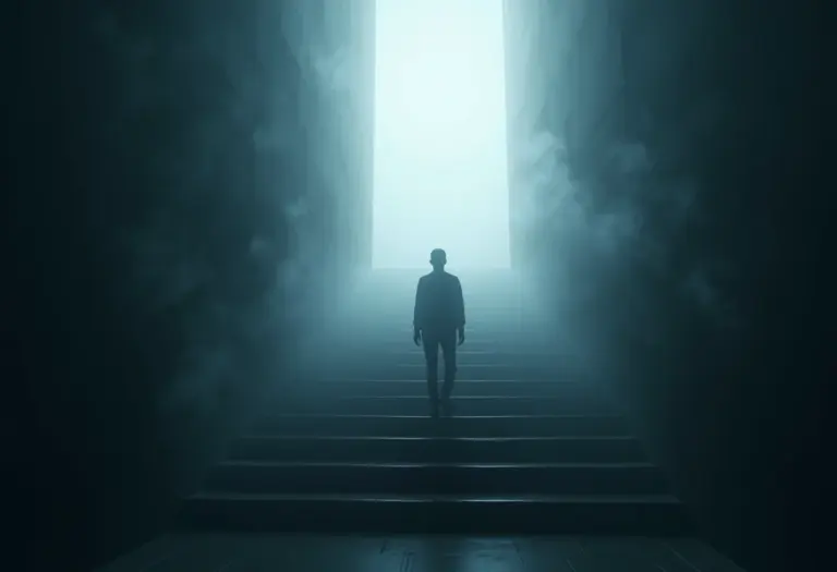 Imagem conceitual de uma escada em meio à névoa, representando sonhos e subconsciente.