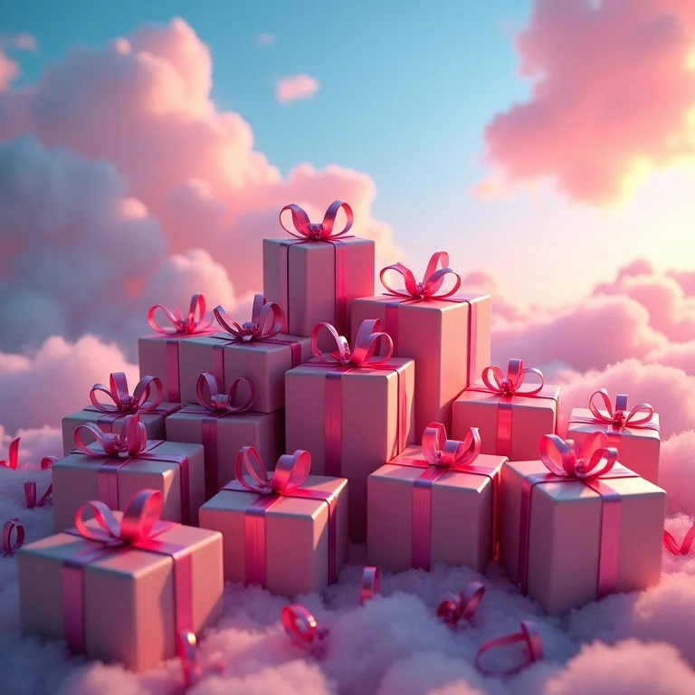 Imagem de presentes de aniversário com fitas que alcançam o céu, representando potencial e oportunidades.