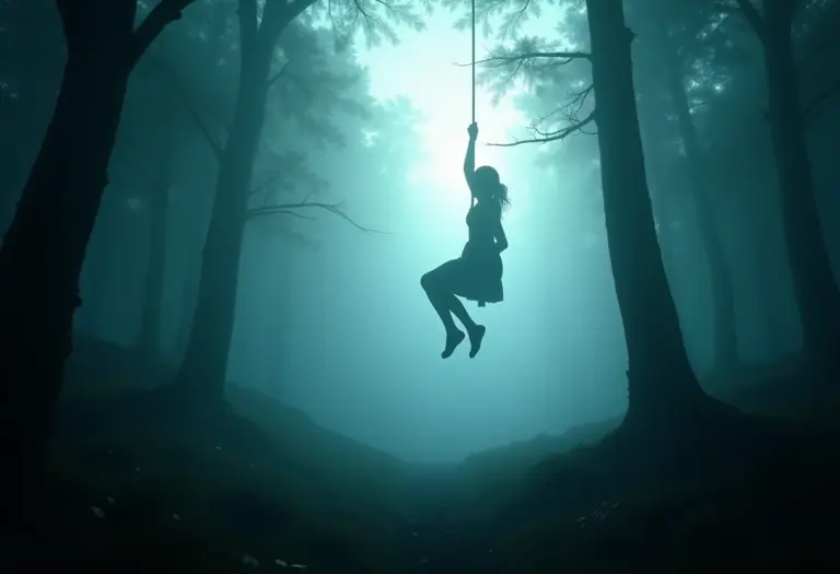 Imagem de silhueta enforcada em floresta onírica para representar sonhos com enforcamento.