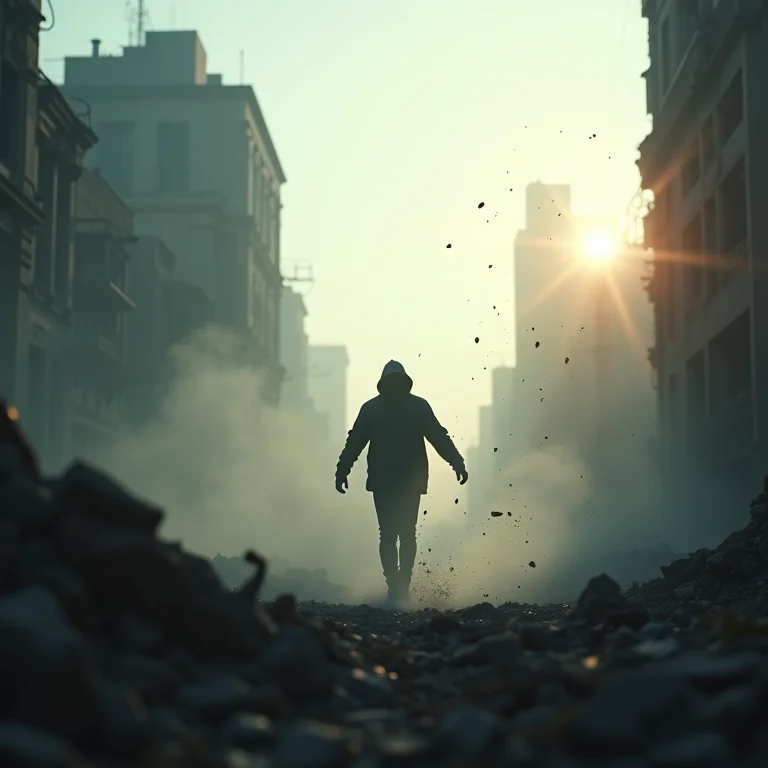 Imagem de silhueta fugindo de cidade em ruínas, simbolizando fuga de tremor de terra em sonho