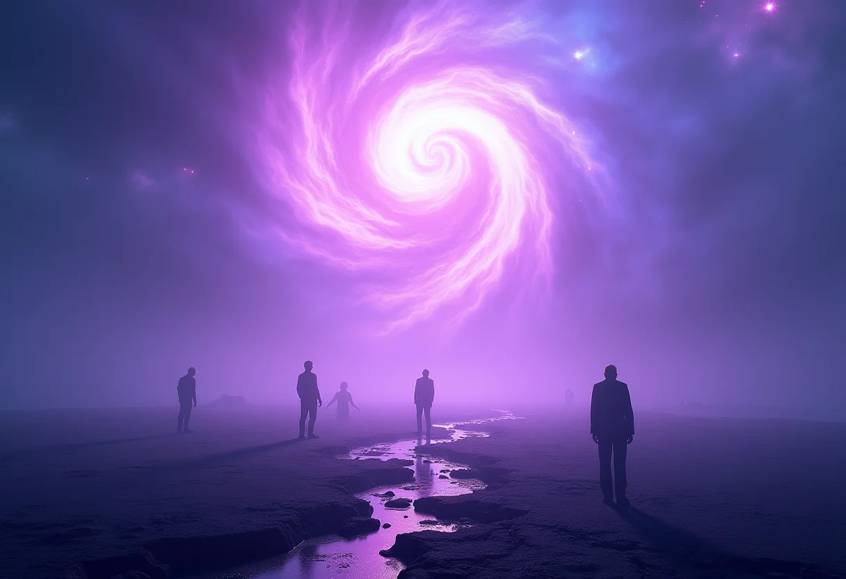 Imagem de terra rachada com figuras etéreas, representando sonhos de tremor de terra