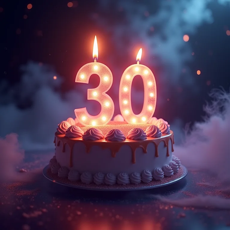 Imagem de um bolo de aniversário com o número 30 flutuando no espaço, representando marcos e reflexões sobre a idade.