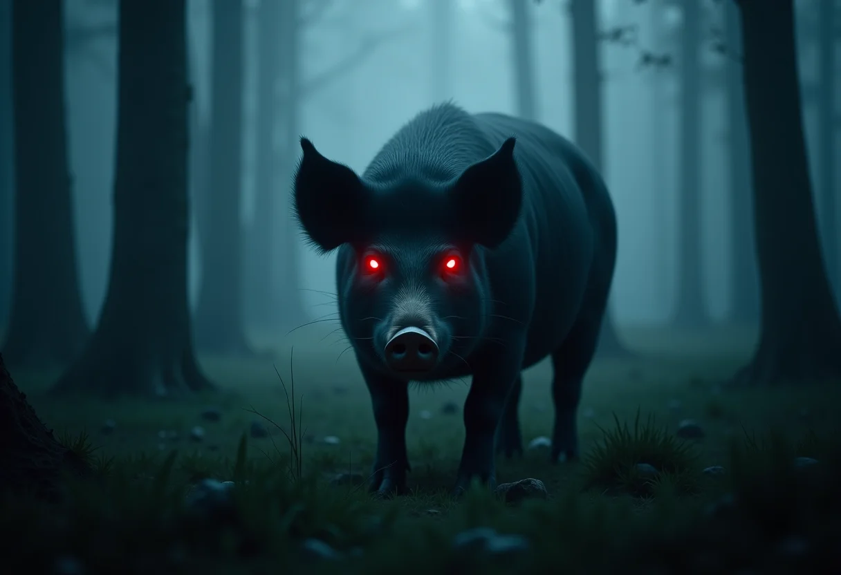 Imagem de um porco preto sombrio em uma clareira neblinosa, representando o medo oculto.