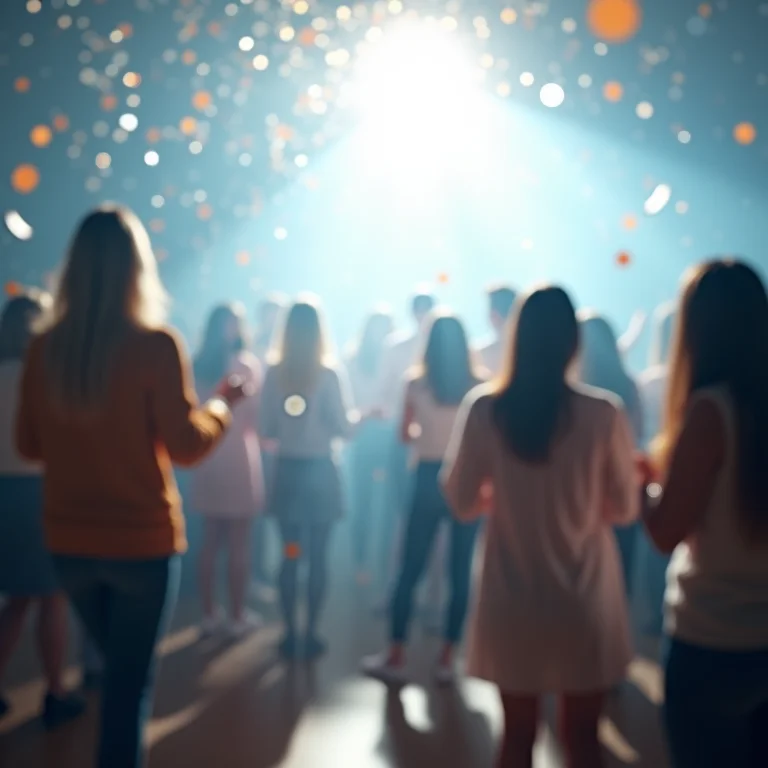 Imagem de uma festa surpresa com luzes e cores suaves, representando alegria inesperada e laços sociais.