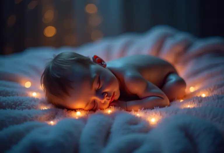 Imagem onírica de um bebê dormindo com pontos de acupressão brilhantes.