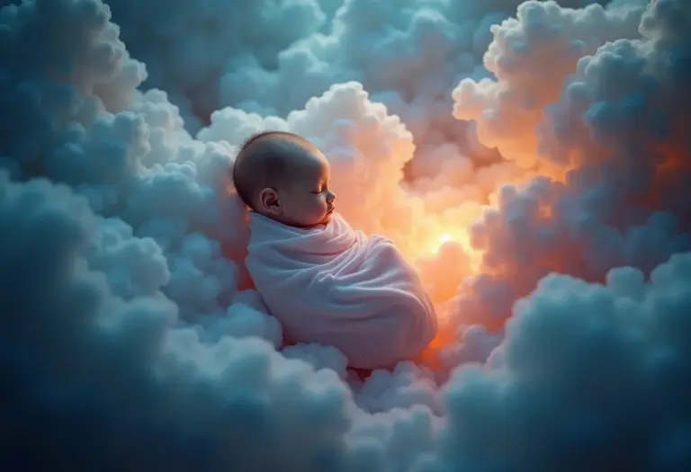 Imagem onírica de um bebê recém-nascido envolto em tecido etéreo, representando o inconsciente.