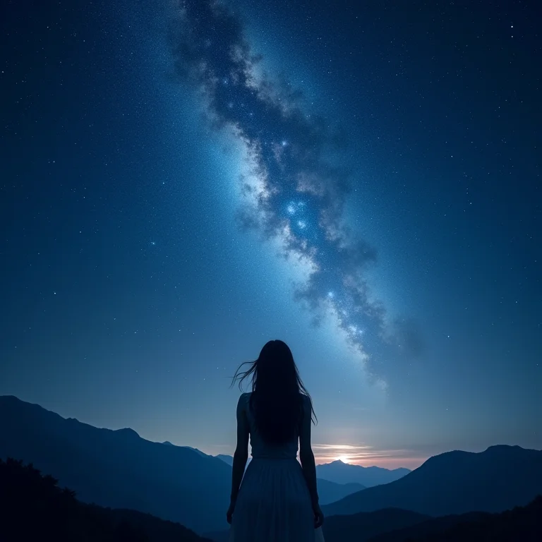 Incentivo onírico: silhueta buscando estrelas em galáxia em sonho