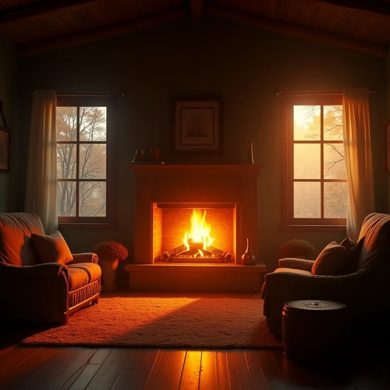 Interior de cabana aconchegante com lareira, simbolizando segurança e proteção em sonhos de inverno.