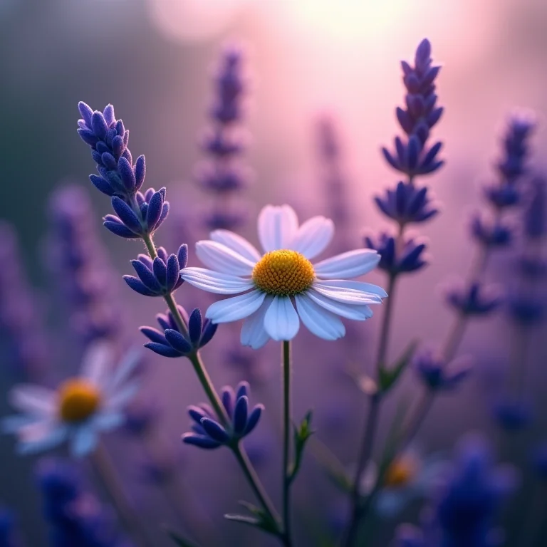 Lavanda e camomila brilhando suavemente, aromaterapia para um sono de qualidade