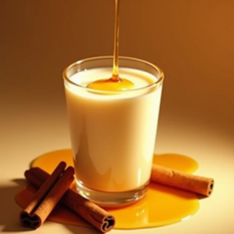 Leite morno com mel e canela, luz suave dourada