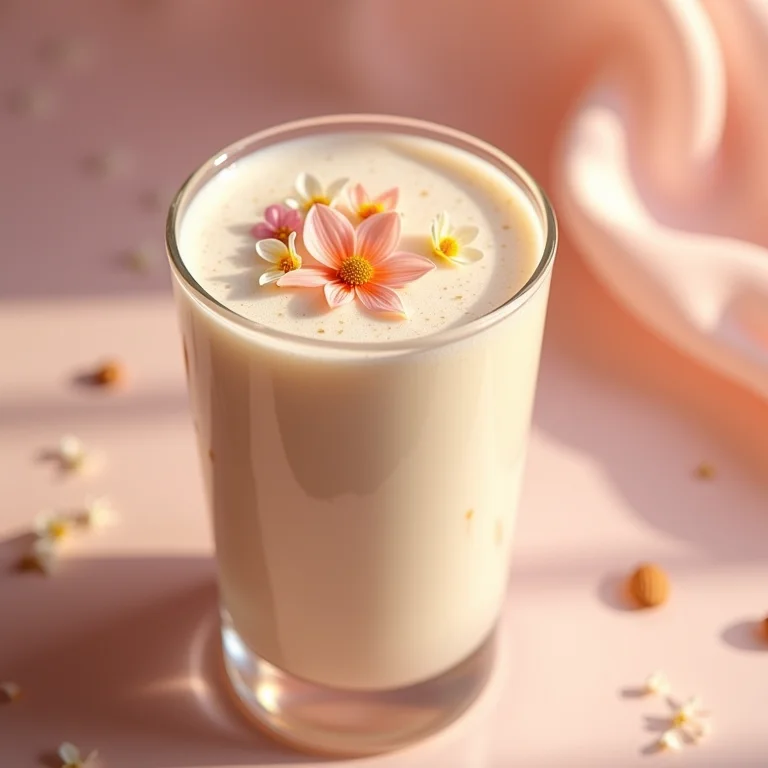 Leite vegetal morno com espuma floral, cores pastel suaves