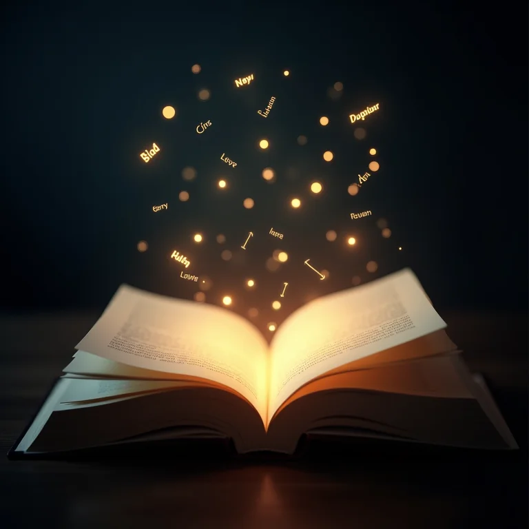 Livro aberto com páginas brilhantes e palavras formando constelações, simbolizando o poder da leitura.