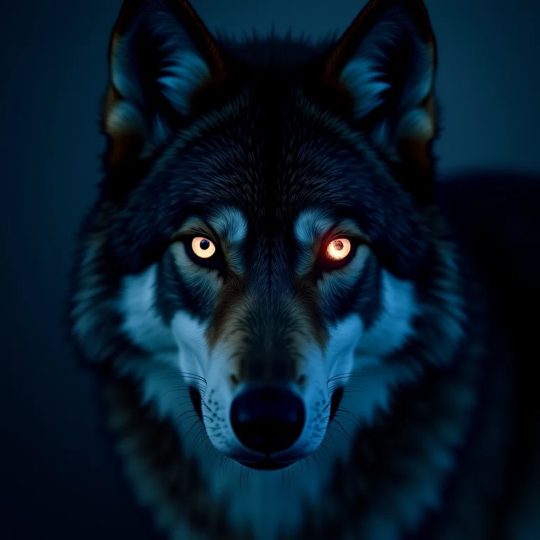 Lobo com olhos que refletem o céu estrelado, representando instintos e intuição.