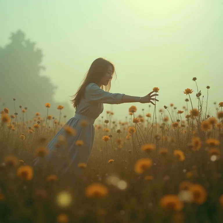 Mão alcançando coxinha em campo de flores murchas, representando o medo de perder oportunidades.