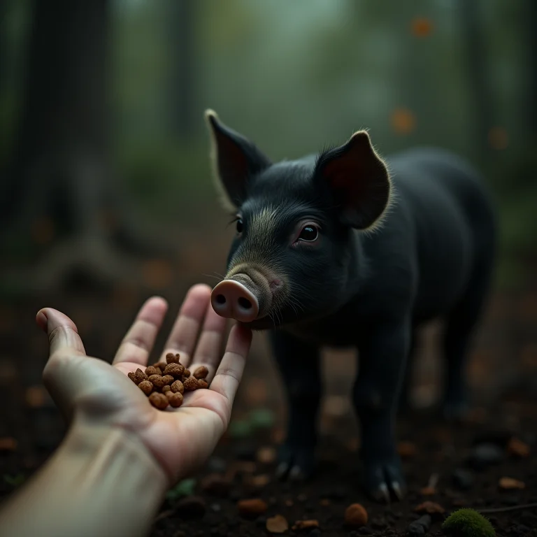 Mão alimentando um porco preto, representando a tentativa de lidar com seus medos internos.
