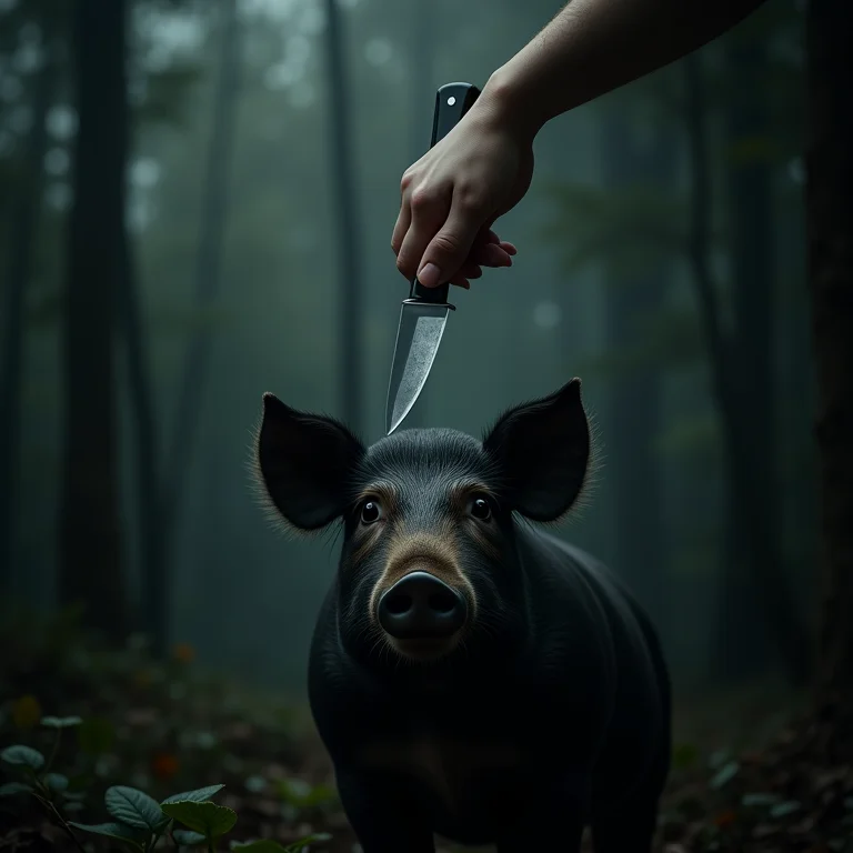 Mão com faca sobre porco preto, simbolizando o confronto com seus medos mais profundos.