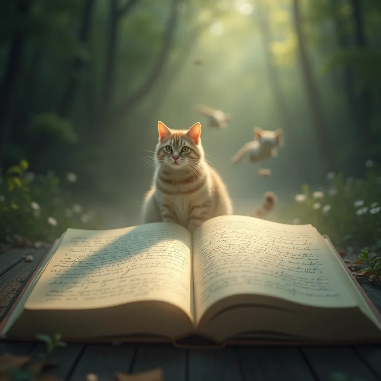 Mão escrevendo em diário de sonhos com gatos pulando ao fundo, incentivando a anotação dos sonhos.