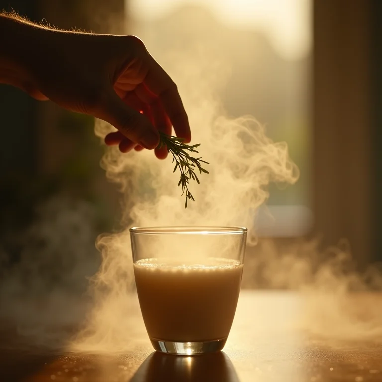 Mão silhueta adicionando ervas relaxantes ao leite morno, névoa suave