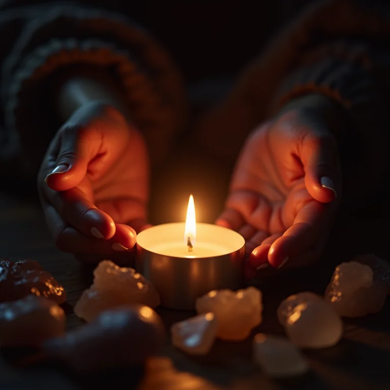 Mãos criando ritual relaxante com cristais e vela, representando a criação de um ritual noturno.