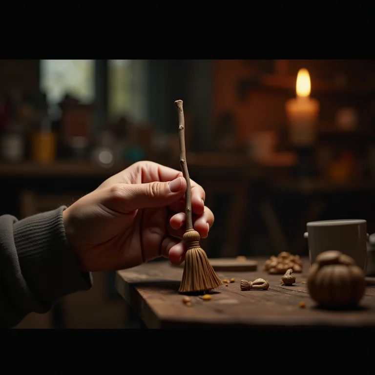 Mãos criando uma vassoura em miniatura, simbolizando atenção aos detalhes.