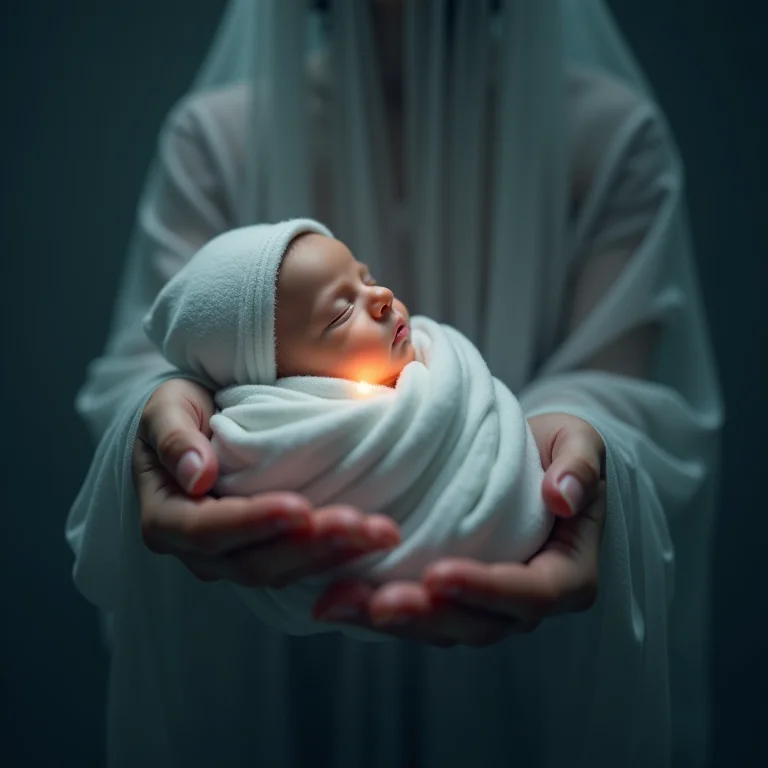 Mãos etéreas segurando bebê brilhante, representando proteção e responsabilidade.