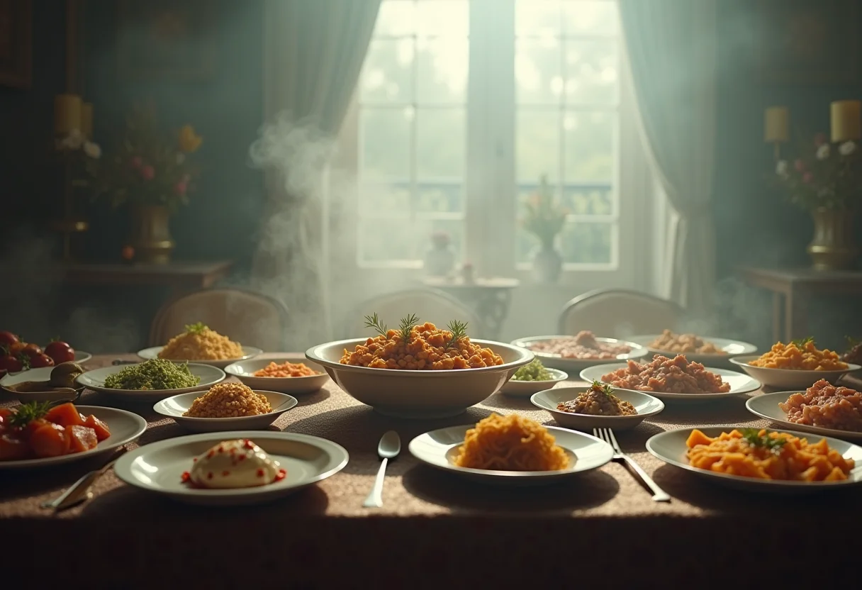 Mesa de banquete com comida sem cor, representando a falta de sabor na vida.