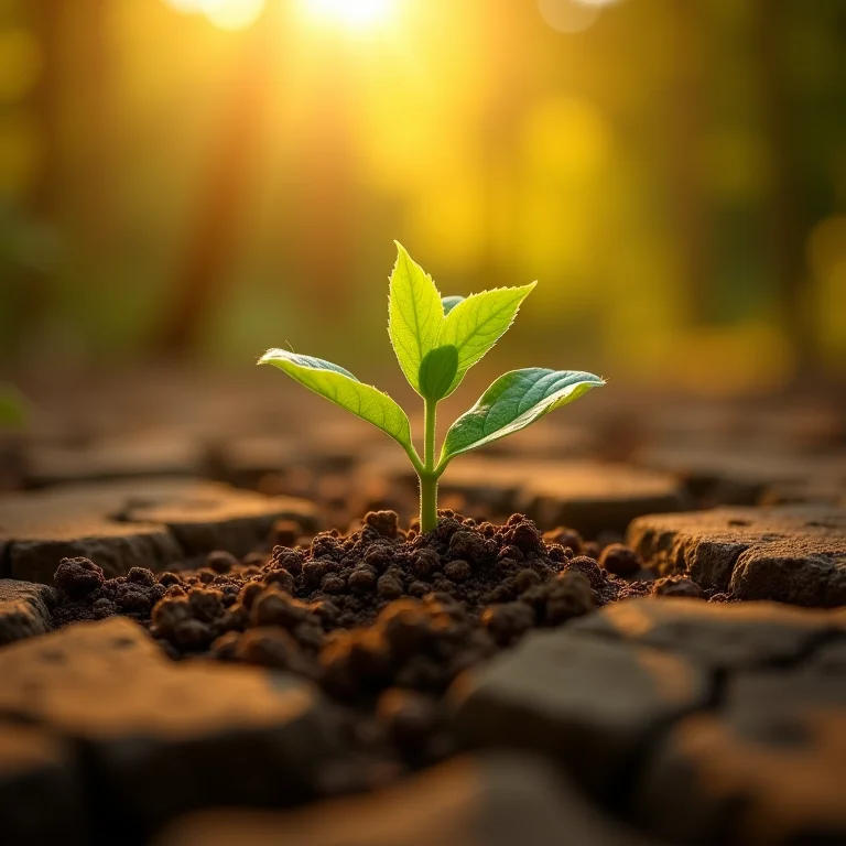 Mudinha crescendo em terra rachada, simbolizando novos projetos e responsabilidades em sonhos.