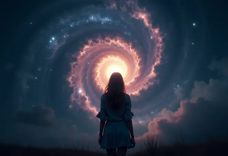 Mulher contemplando um portal estelar: uma representação visual da oniromancia.