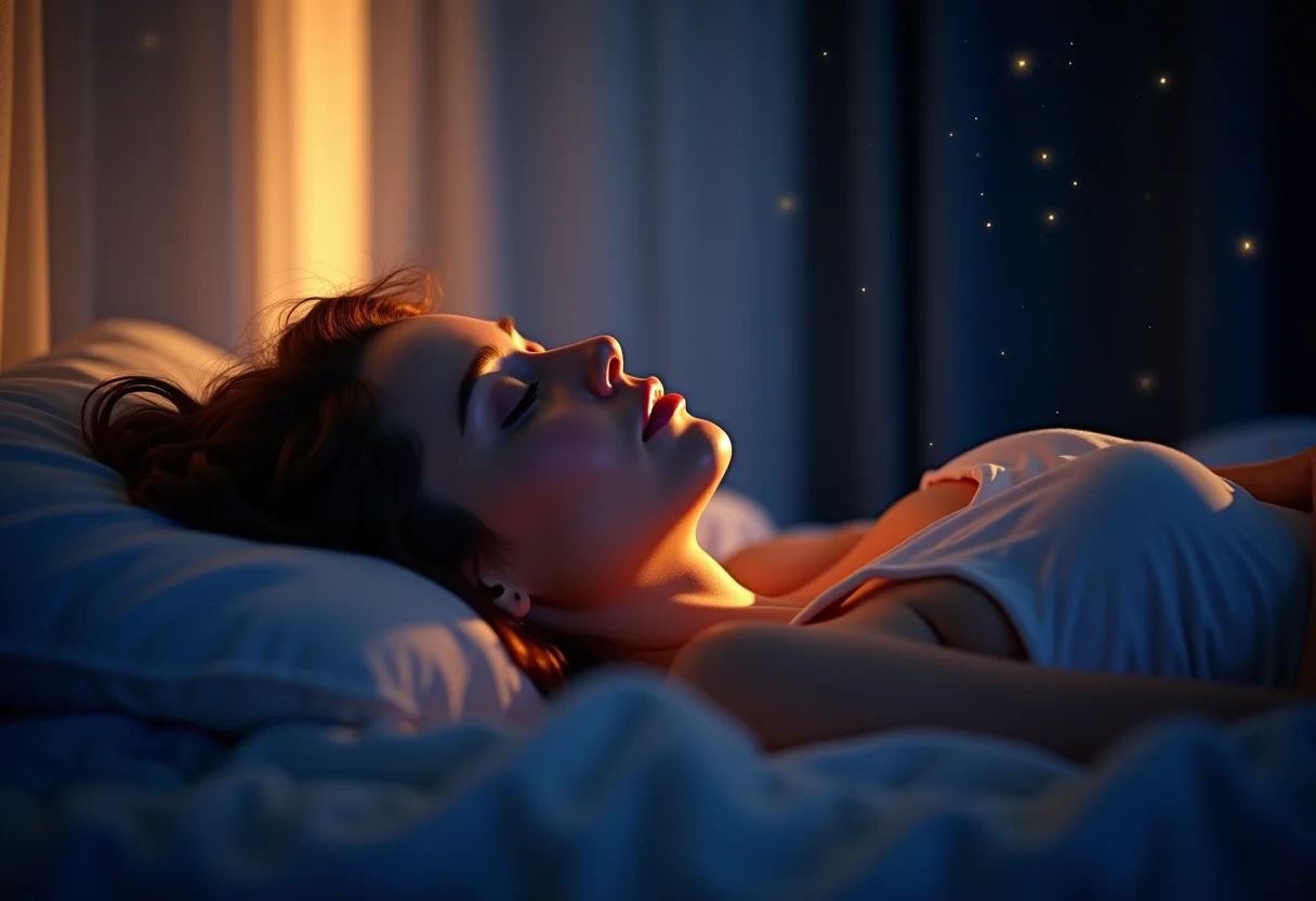 Mulher dormindo sob a luz das estrelas, representando a ocitocina e o sono tranquilo