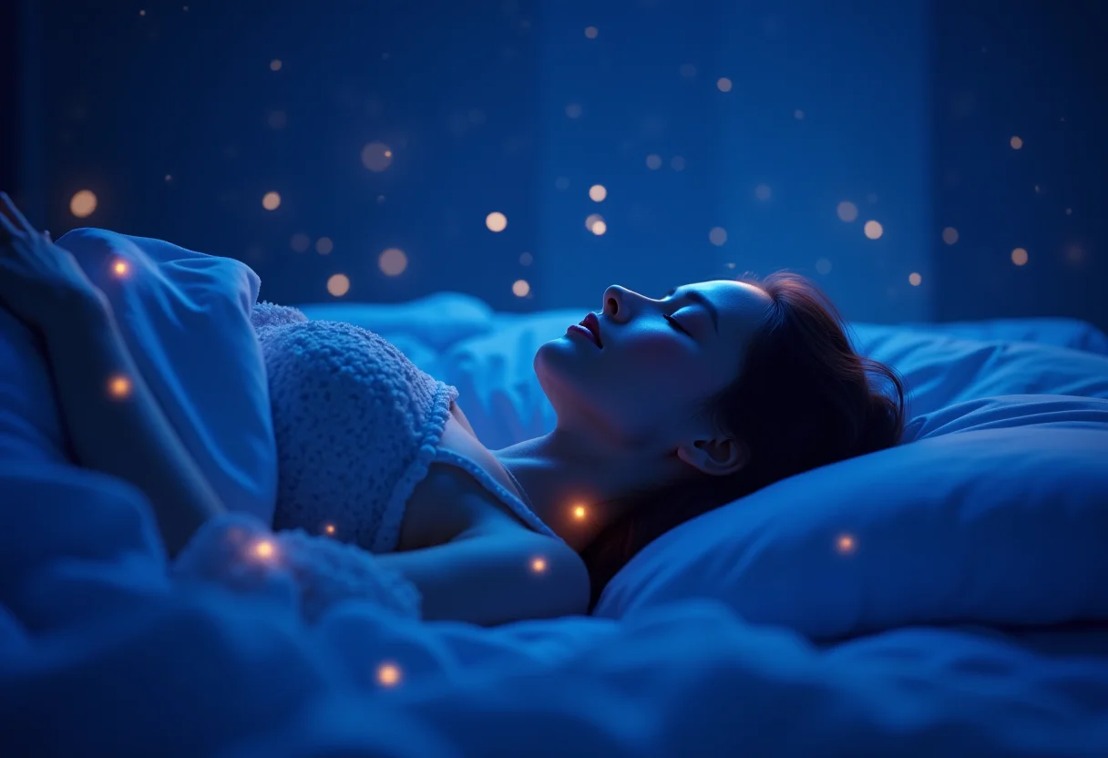 Mulher dormindo sob céu estrelado, representando um sono profundo e reparador.
