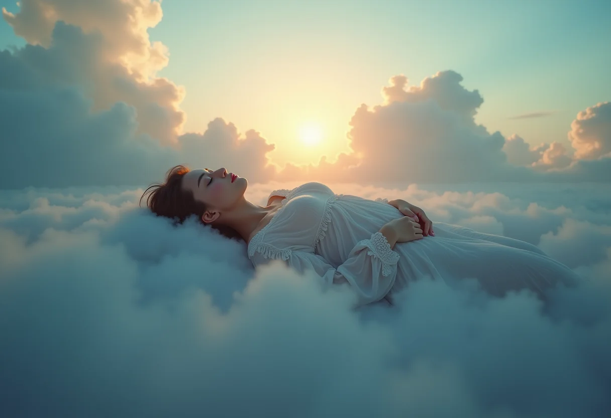 Mulher relaxando em nuvens: um fim de semana de paz e descanso