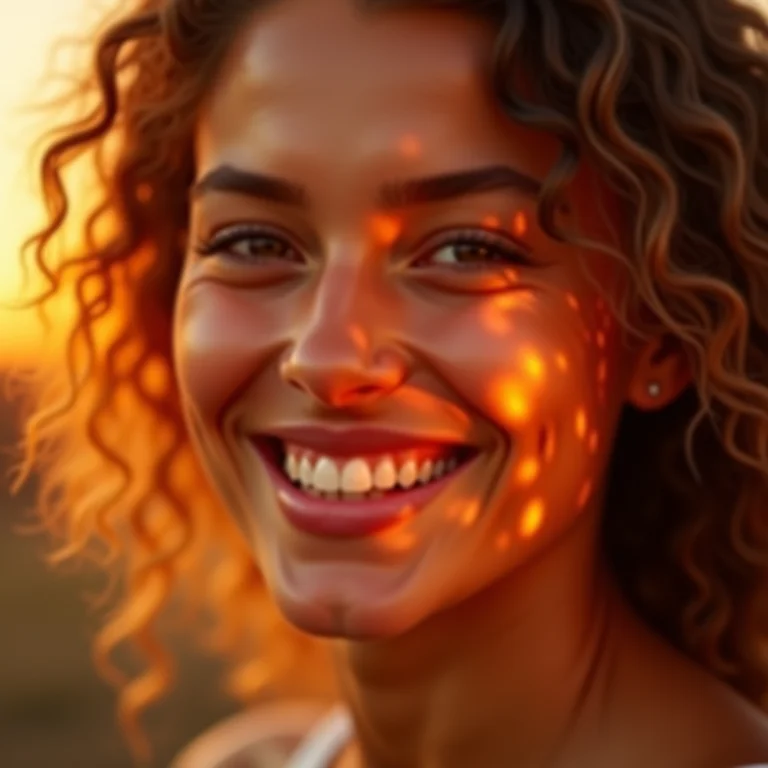 Nascer do sol refletido em rosto sorridente, representando a melhora do humor e bem-estar.